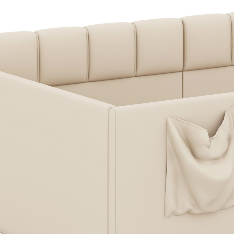 Élégant lit de jour rembourré avec panneaux latéraux hauts et poches de rangement latérales, Lit simple, Beige