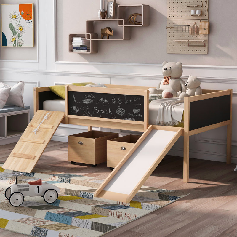Lit simple et lit mezzanine en bois avec deux boîtes de rangement, Naturel