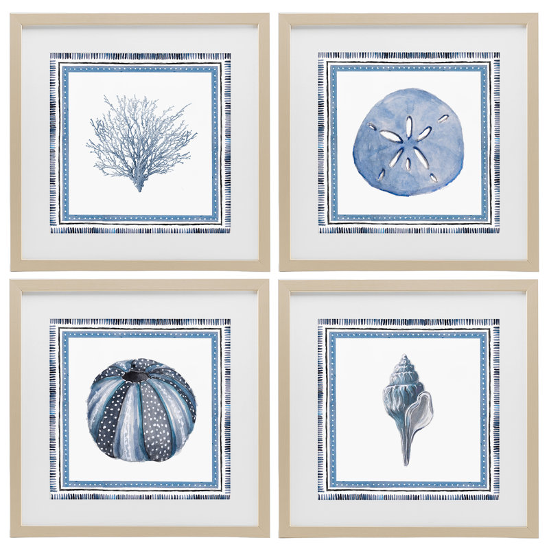 Ensemble de 4 impressions encadrées sous-verres Coastal Teal, H 16 po x l 16 po, Cadre de récolte en pin