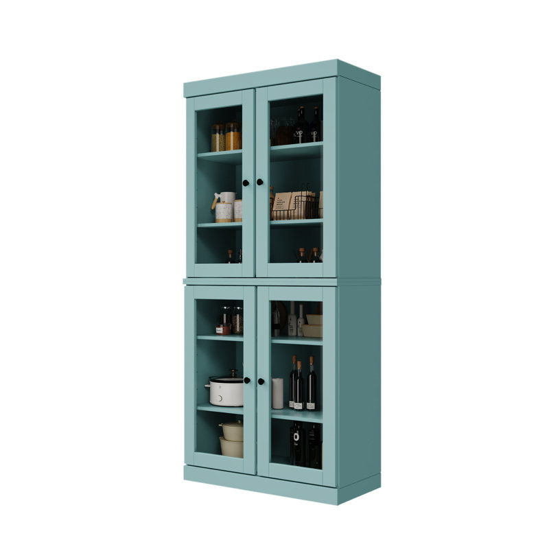 Garde-manger 32 po Kaniesha en bois massif avec portes en verre transparent et tablettes réglables, Turquoise