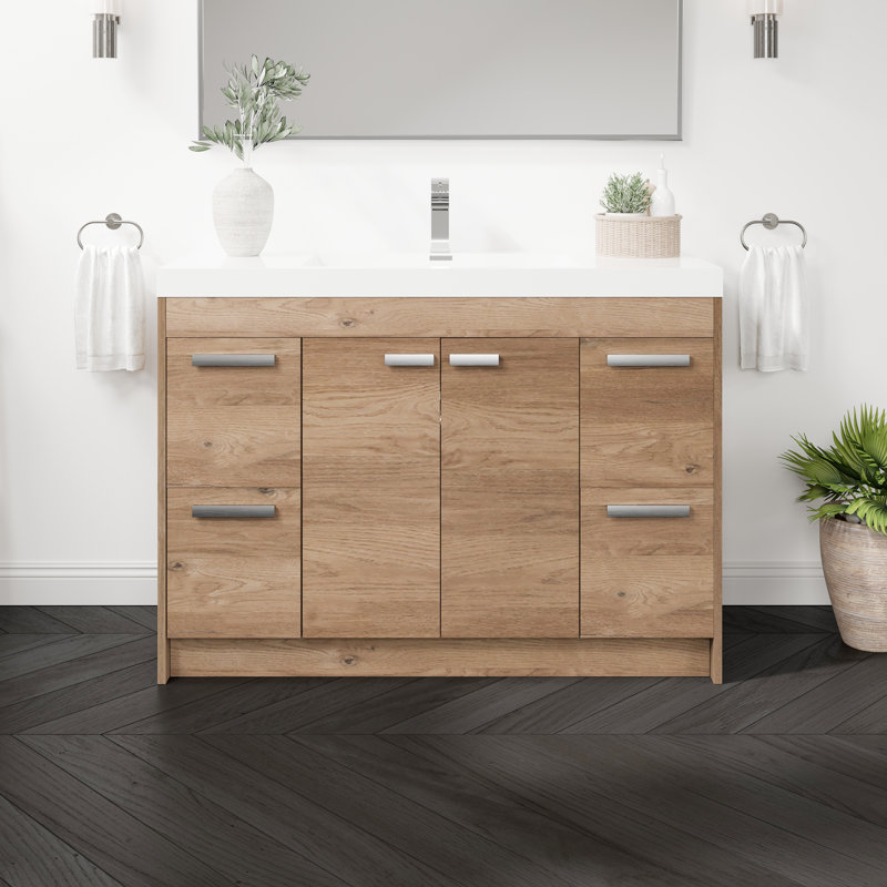 Meuble-lavabo en chêne naturel l 48 po x P 20 po avec plateau en acrylique 