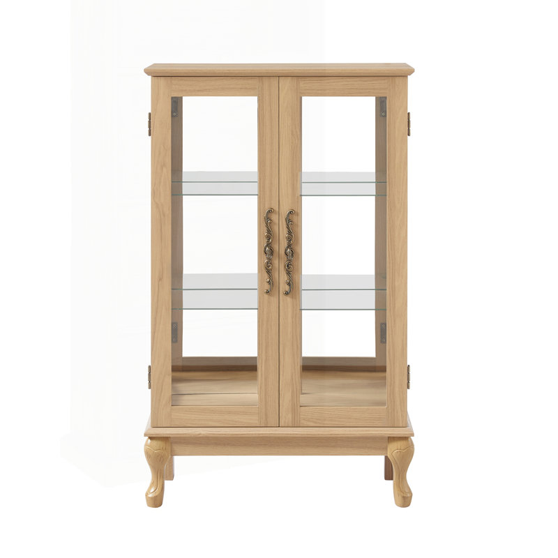 Élégante armoire vitrée en chêne clair avec portes en verre trempé, lumière DEL, panneau arrière en miroir et tablettes réglables - rangement parfait pour la maison et le bureau