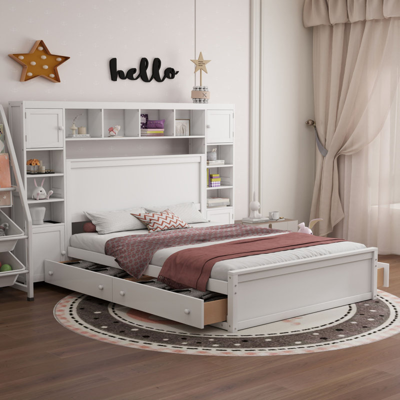 Ethil 4 Drawers Bookcase Platform Bed, White, Queen