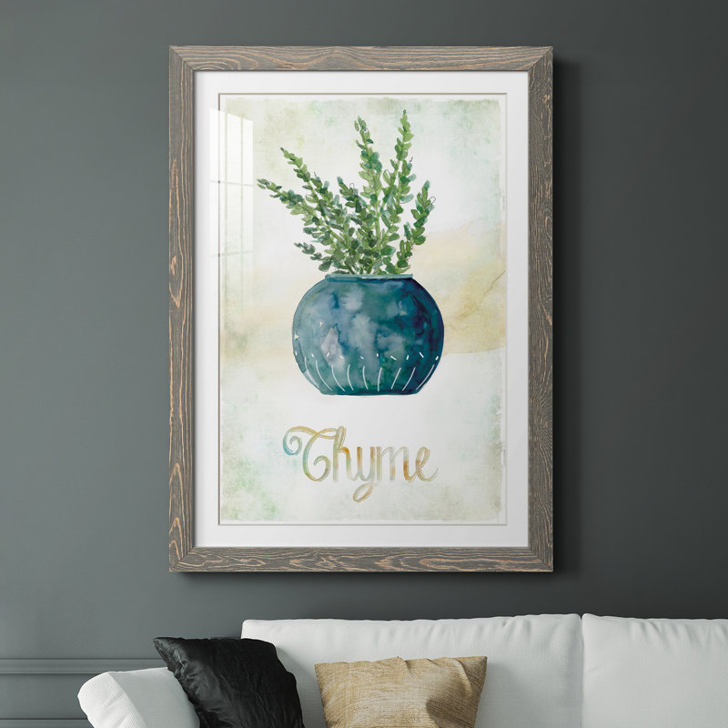 Thym en pot - peinture, Cadre en papier gris, H 20 po x l 17 po x P 1,5 po
