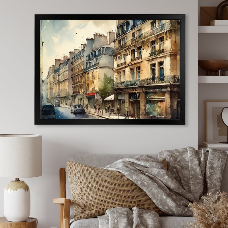 Aquarelle de Paris, France II sur toile, Cadre simple noir, H 12 po x l 20 po x P 1 po