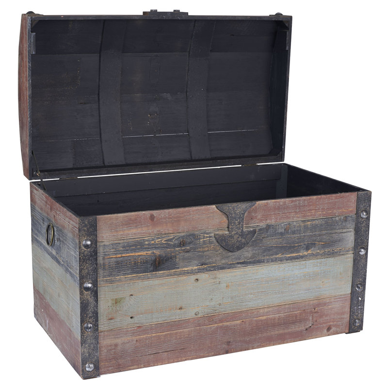 Braydon Large Wooden Storage Trunk, Weathered Wood with Paint Finish, Hinged Lid with Metal Accents