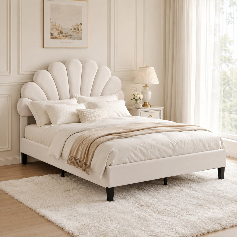 Tayveion Upholstered Platform Bed with Floral Velvet Headboard, Full, Beige, Solid + Manufactured Wood