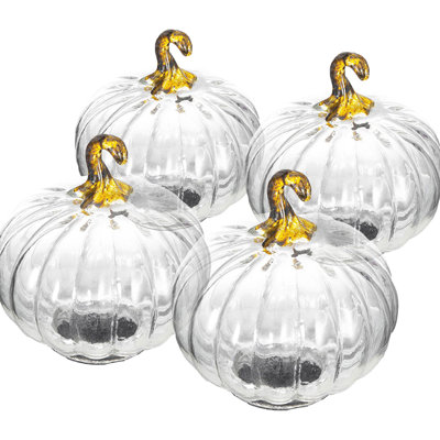 Ensemble de 4 citrouilles en verre transparent de 4 x 4 x 5 po, décorations de citrouilles pour le Festival d'automne des Fêtes et l'Action de grâce, transparent