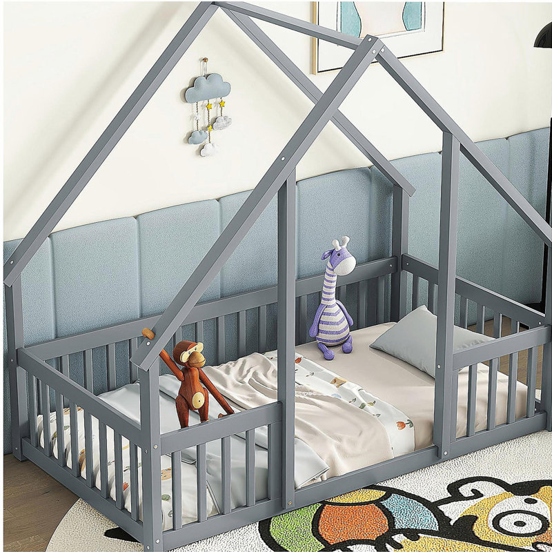 Lit en bois en forme de maison avec rampe, main courante, Gris, Lit simple
