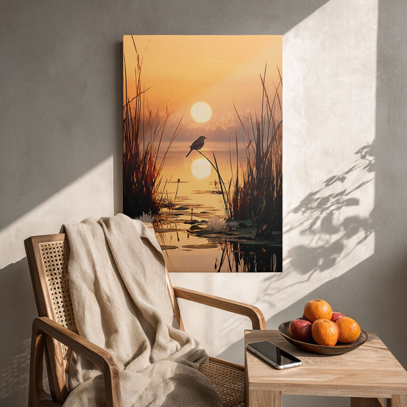 Cadre tendu avec toile tendue «Bird on Reed at Golden Hour» pour studio confortable, 30 x 20 pouces (75 x 50 x 2 cm)