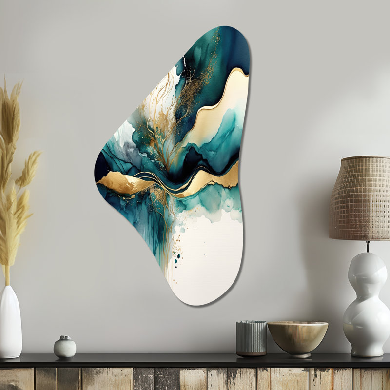 Sarcelle et or abstrait Expression III - art mural asymétrique abstrait en forme de Boomerang, H 39 po x l 21 po