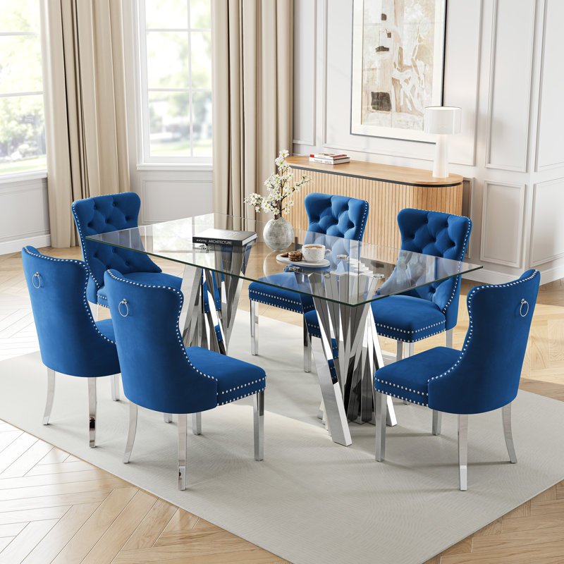 6 - Person Glass Top Double Pedestal Dining Set, Blue/Silver, Silver