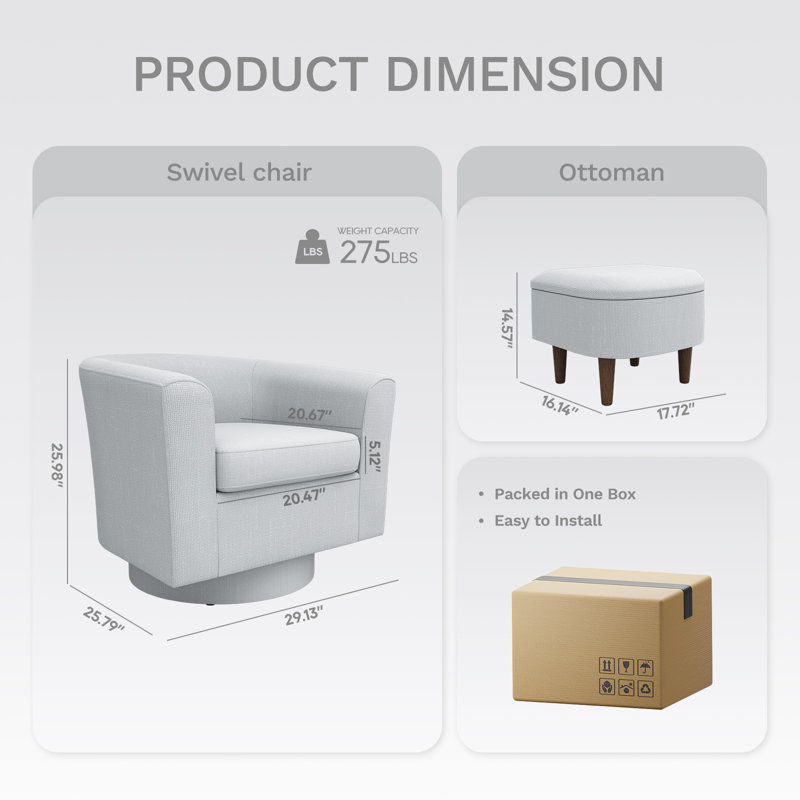 Fauteuil demi-tonneau pivotant avec repose-pieds, Gris clair