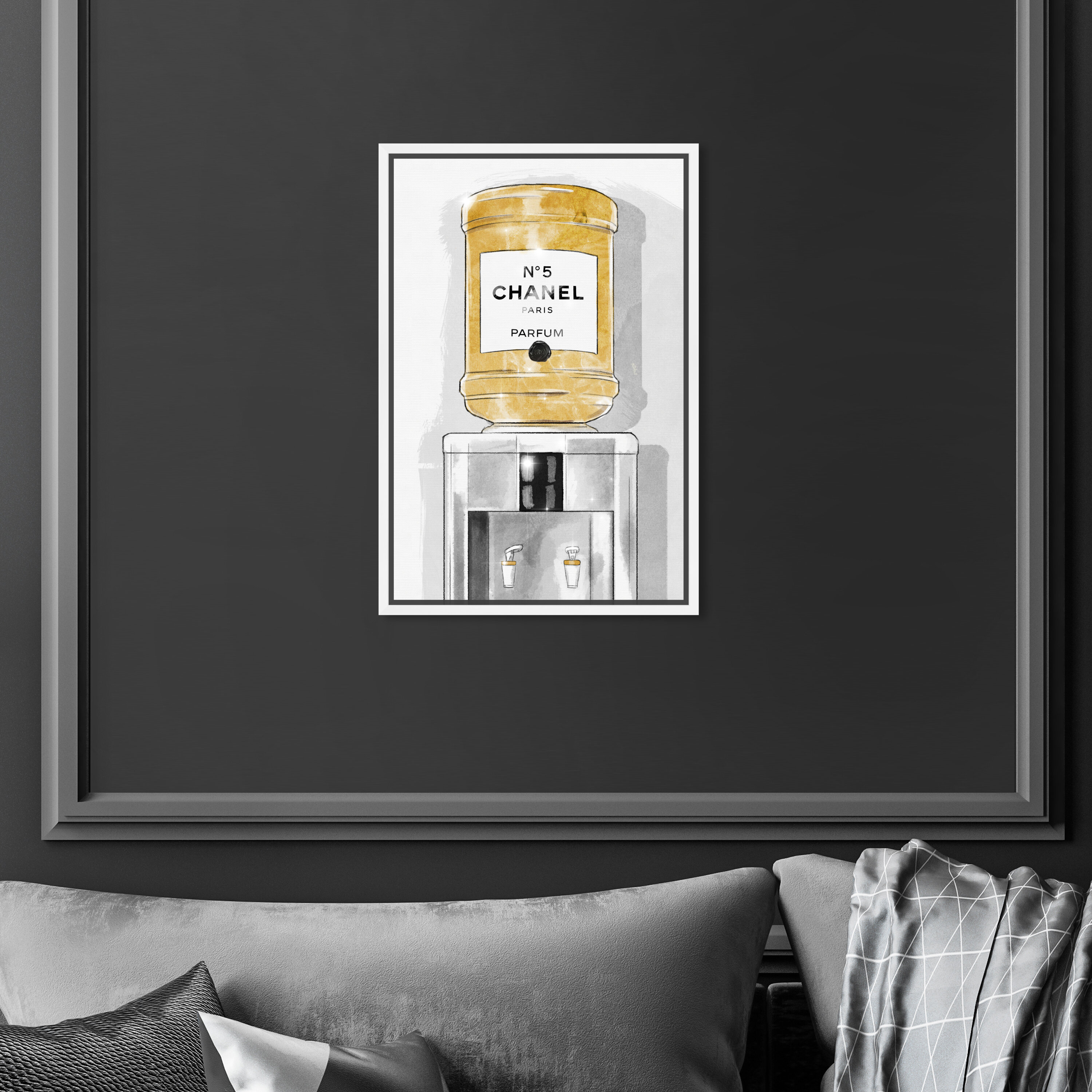 Oliver Gal 'Classic Number 5 Watercooler' Fashion and Glam Wall Art Framed Canvas Print Perfumes - Yellow, Gray - 10 x 15 - White