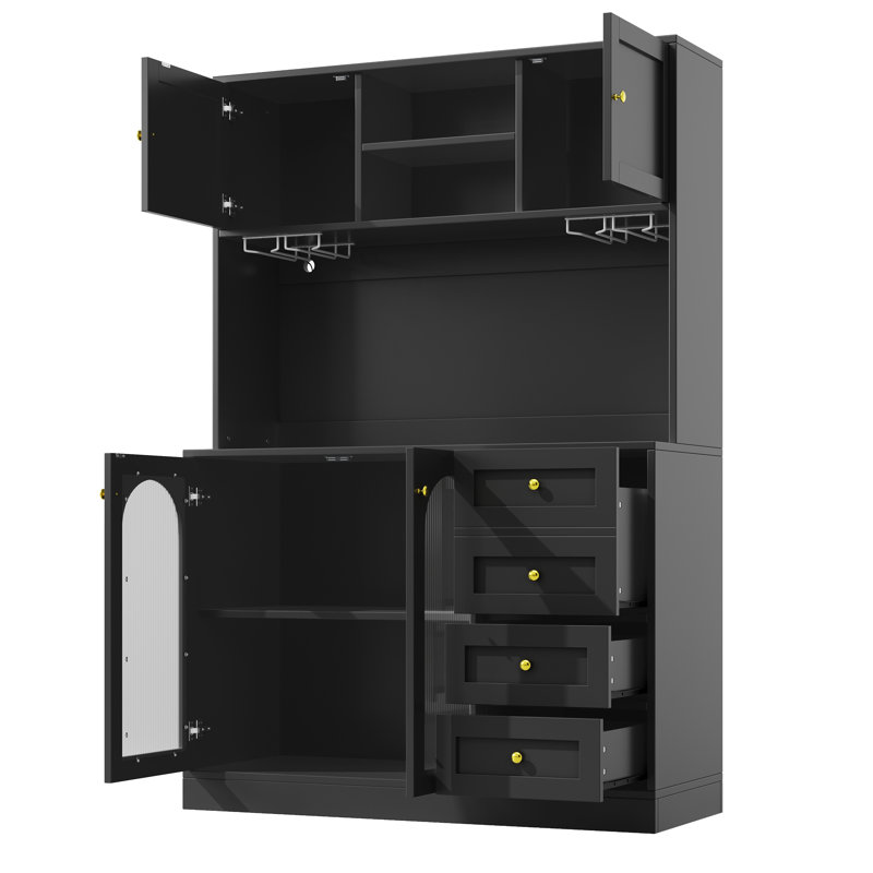 Kitchen Cabinet With Led, 4 Doors And 3 Drawers, Matte Black