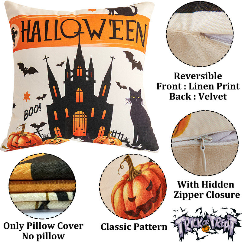 Set Of 4 Halloween Pillow Covers,18"X18" Halloween Decorations Pillow Cases(No Pillow), Orange