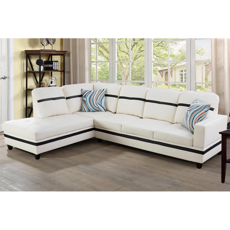 Bawan Faux Leather L-Shaped Sectional, Left Hand Facing, White/Black Faux Leather