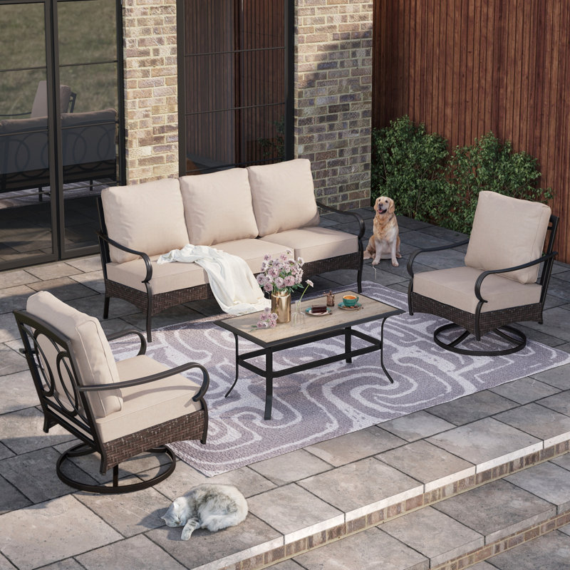 Argyri 5-Person Swivel Rocking Powder Coated Steel Patio Conversation Set, Beige