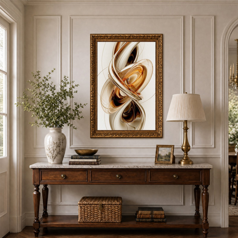 Tableau abstrait tourbillonnant en bronze et or métallisés sur toile, H 24 po x l 16 po
