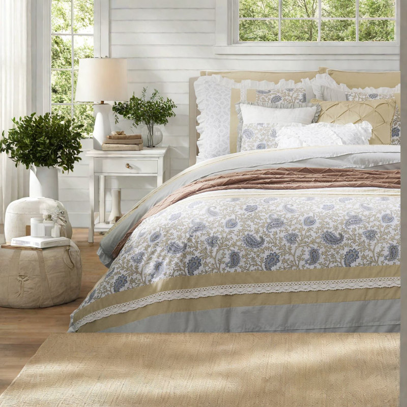 Elegant 9 Piece Cotton Percale Bedding Sets, Yellow Comforter With Farmhouse Style
