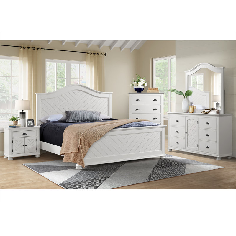 Govia Panel Bedroom Set In White, Queen, 5 Pcs: Bed, Dresser, Mirror, Chest, Nightstand