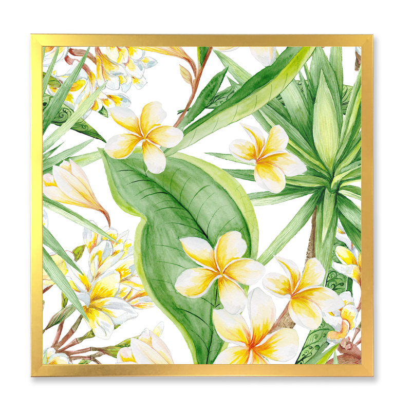 Feuillage tropical et fleurs jaunes VII - peinture sur toile, H 30 po x l 30 po x P 1 po, Cadre doré