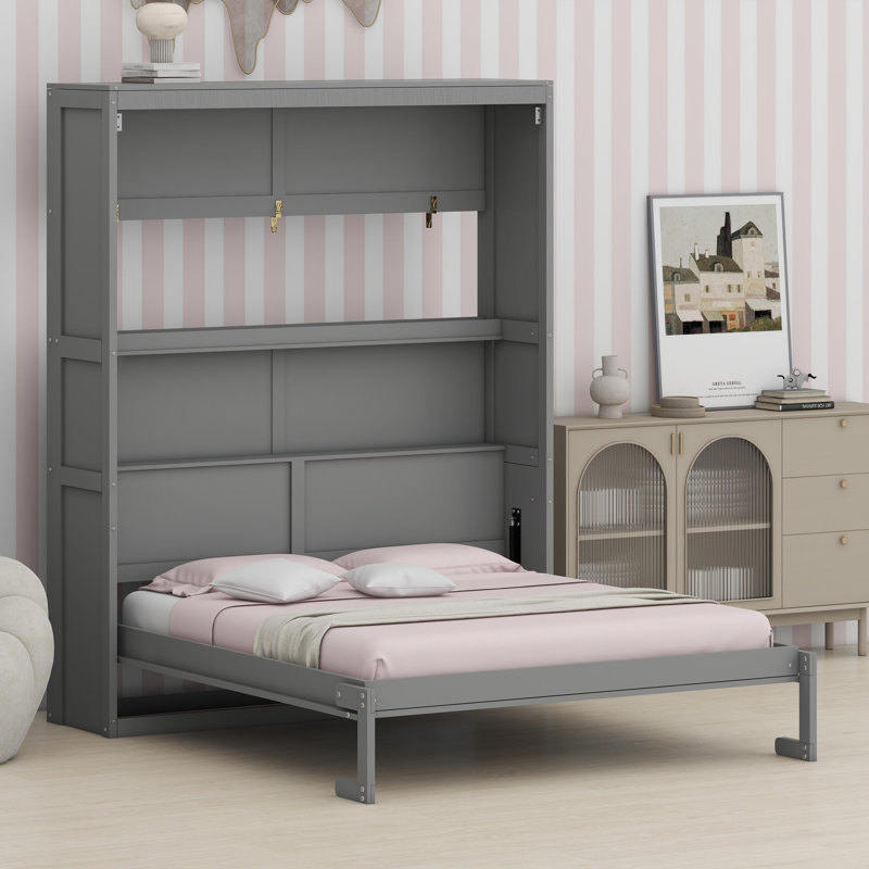 Lit escamotable rabattable avec tablettes intégrées, Gris