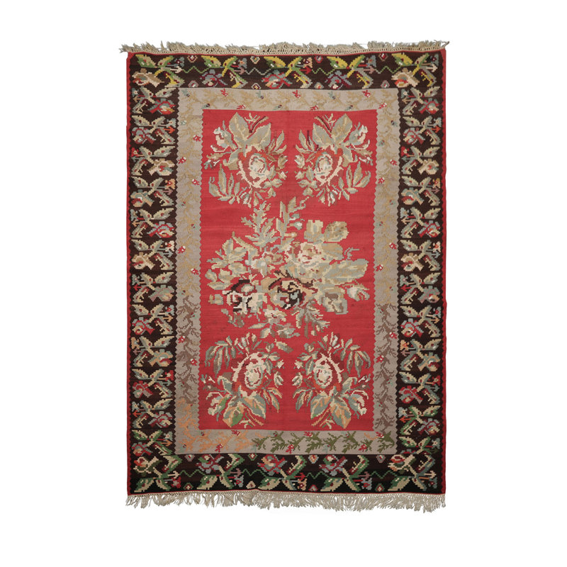Tapis vintage en laine tissé à la main 7 pi 1 po x 11 pi 3 po Crimson Kilim
