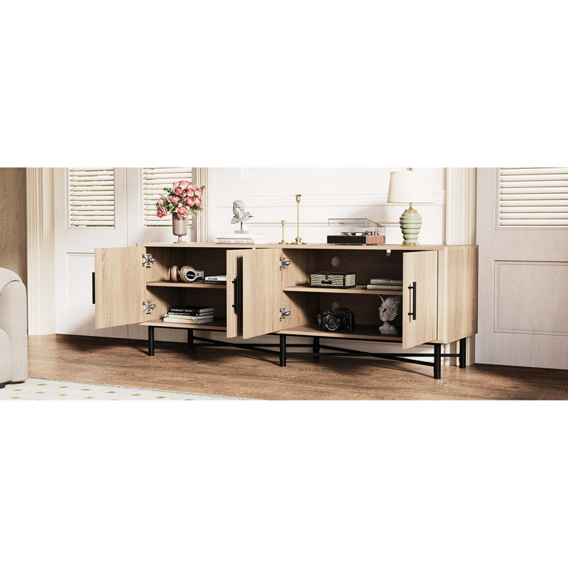 Meuble télé fonctionnel à 4 portes avec 2 espaces de rangement et tablettes réglables, idéal pour l'organisation du salon, finition naturelle