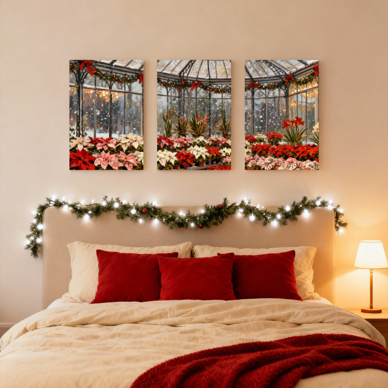 Ensemble de 3 tableaux sur toile tendue représentant des poinsettias de Noël pour serre ou jardin., H 30 po x l 60 po
