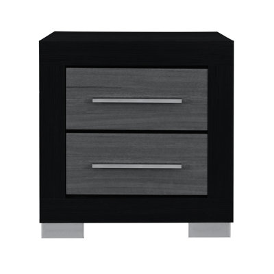 Square Black Solid Wood+ Nightstand With Two - Jointed Drawers, Bar Handle Style, Block Style Legs, Transitional Design For Bedroom Furnishings Of Design,