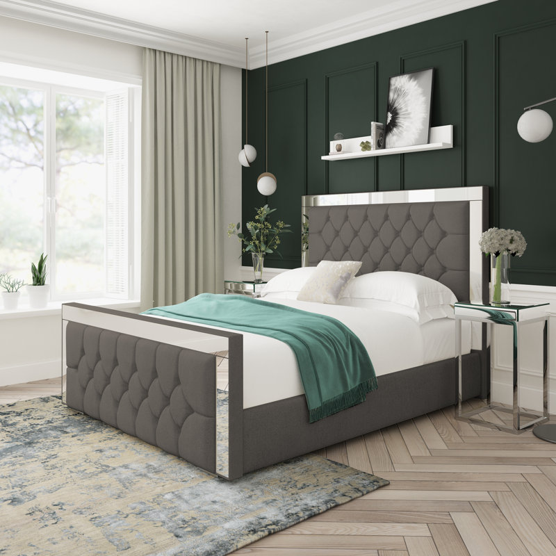 Sage Wool Upholstered Ottoman Bed Frame, Pewter, Small Double (4')