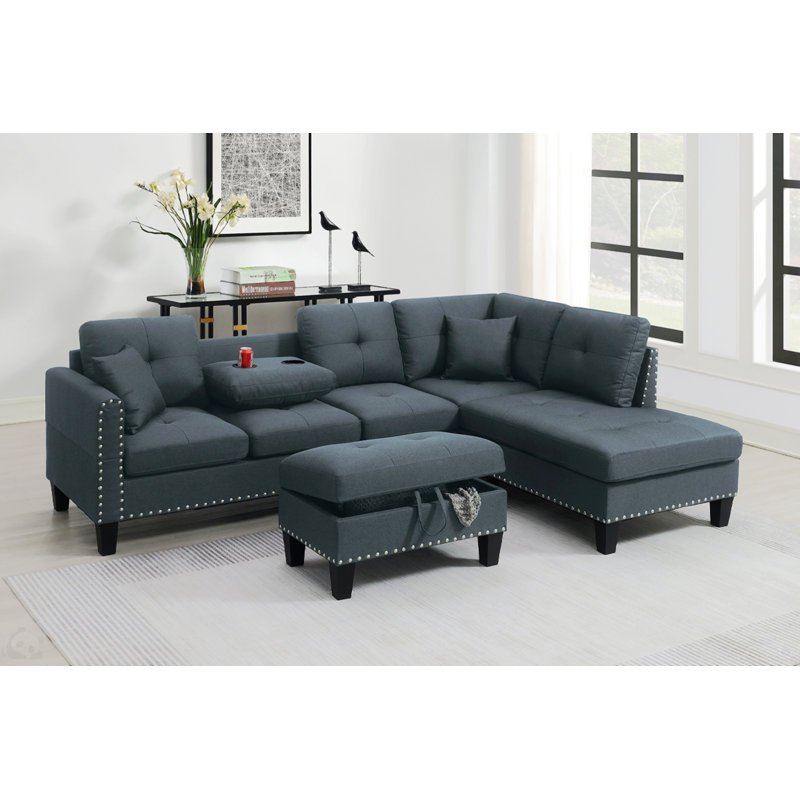 Living Room Furniture 3-PCS Sectional Sofa Set LAF Sofa RAF Chaise And Storage Ottoman Cup Holder  Linen-Like Fabric