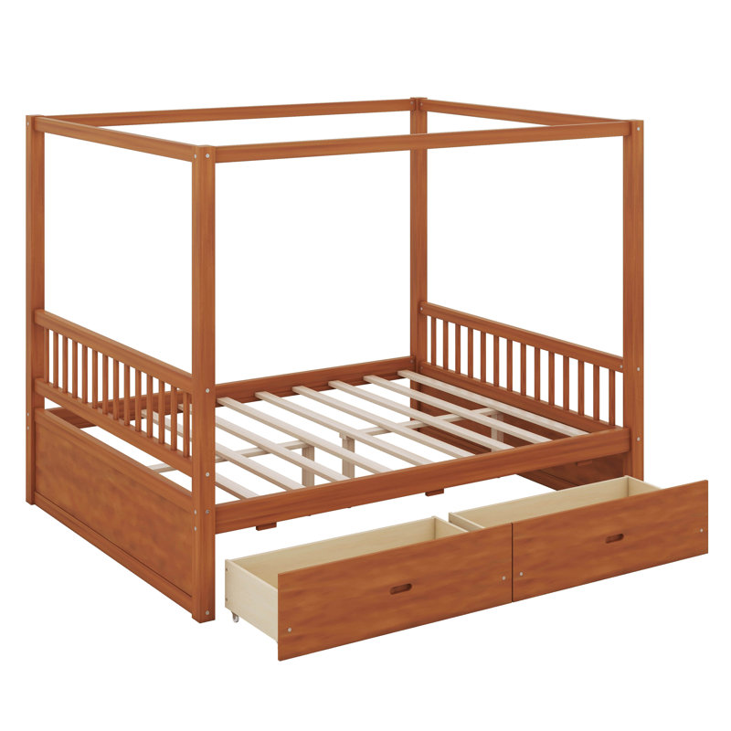 Grand lit à baldaquin avec tiroirs de rangement, lit à baldaquin en bois avec support à lattes de bois, lit plateforme à baldaquin en bois