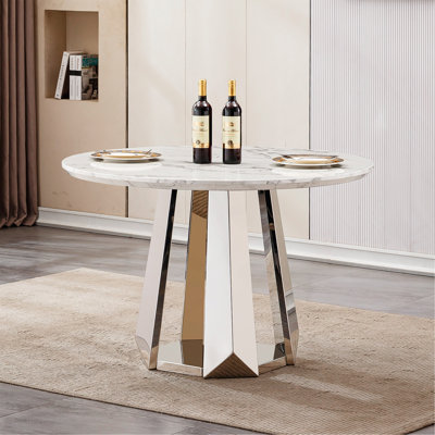 Table de salle à manger ronde en marbre de 47 po, table de cuisine moderne avec plateau en faux marbre ultrabrillant et base en acier inoxydable pour la salle à manger, cuisine (seulement une table)