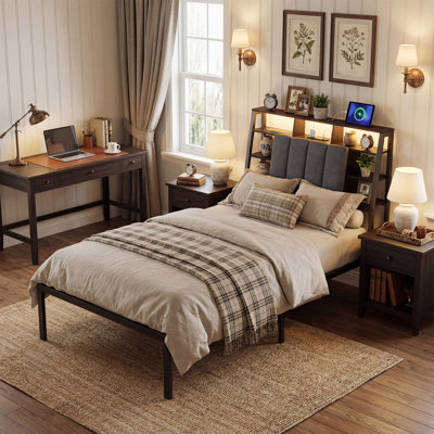 Upholstered Storage Bed Frame with RGB LED Lights & Charging Station, Smart Platform Bed No Box Spring Needed
