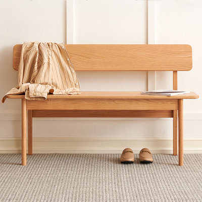 47.24" Wide Solid Oak Backed Dining Bench, Ergonomic Slanted Backrest Wooden Bench With Spacious Seat, Sturdy Entryway Bench For Dining Room & Living