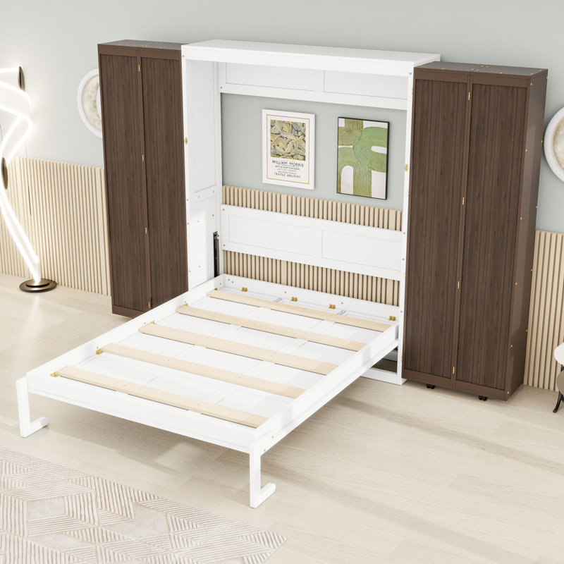 Grand lit escamotable en bois avec tablettes de rangement, Espresso