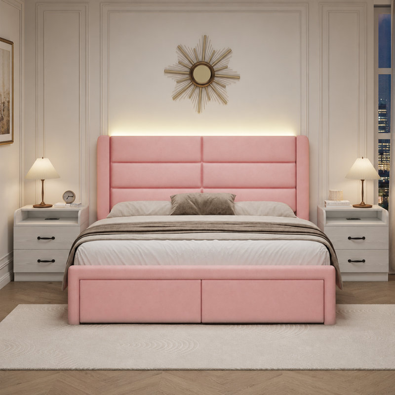 Faux Leather Upholstered Bed Frame with Headboard + 2-Drawer Nightstand with Charging Station, USB Ports & Outlets, Complete 3-Piece Bedroom Set