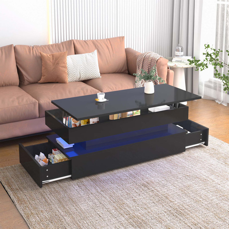 Three-Tier Foldable Coffee Table With Drawers, Black