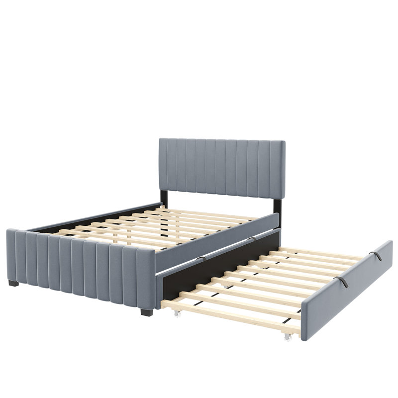 Lit plateforme tapissier en velours avec lit gigogne