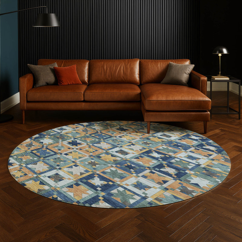 Machine Washable Indoor/Outdoor Chantille ACN2553 Patchwork Rug, Teal, Round 8'