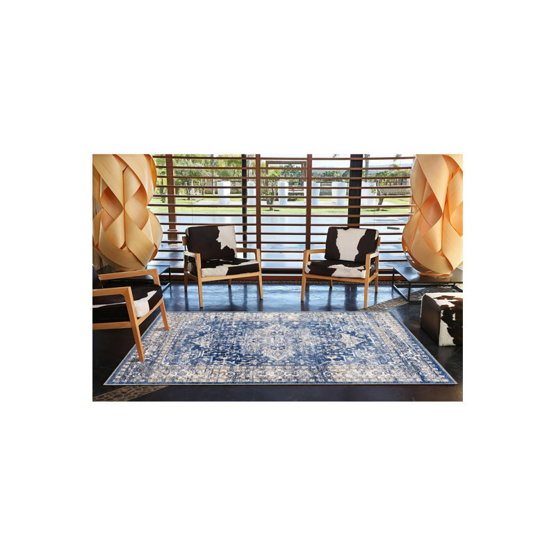Tapis décoratif tissé à motif traditionnel bleu clair lavable à la machine, Tapis de couloir 3 pi 3 po x 6 pi 7 po