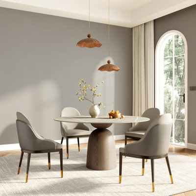 Ensemble de salle à manger 5 pièces rond en noyer foncé avec plateau gris 53 po et chaises rembourrées
