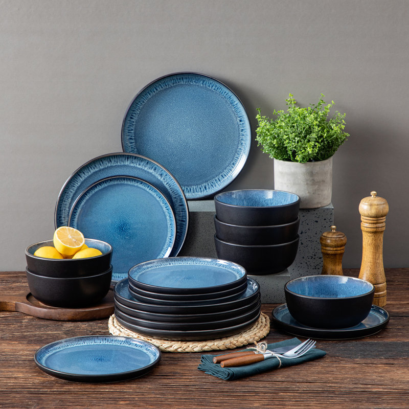 Service de table en porcelaine 18 pièces PLA, service pour 6, Bleu / Noir