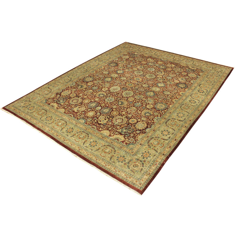 Tapis de surface en laine vert/rouge 9 pi 1 po x 11 pi 8 po "one-of-kind" à la main noué la Roby