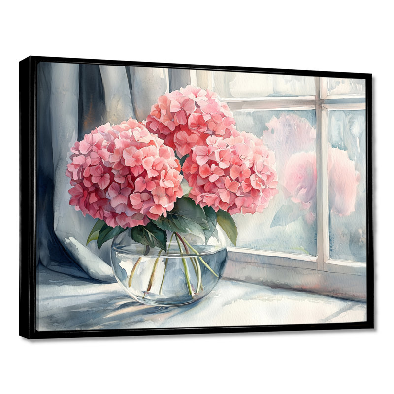 Bouquet d'hortensias Dorace par la fenêtre à la ferme - art mural hortensia, Noir, H 12 po x l 20 po