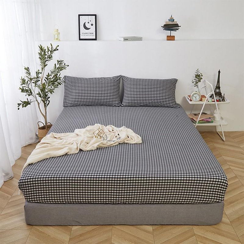 Grid Sheet Set 4 PCs Bedding Sheet Set 1 Fitted Sheet 1 Flat Sheet 2 Pillowcases, King Sheet Set with 2 Pillowcases