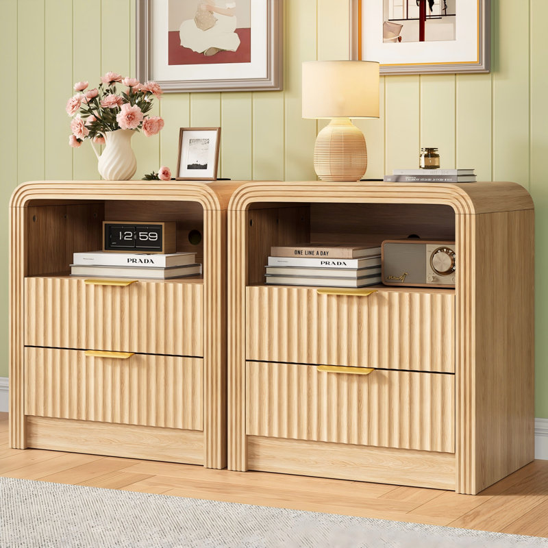 Set Of 2 Mid-Century Modern Fluted Nightstands With Charging Station, 19.7" Wide Curved Wood Bedside Tables, 2 Drawers & Open Shelf, Natural Oak