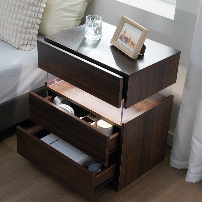 Nightstands 3 Drawer Dresser for Bedroom End Table with Acrylic Board LED Bedside Tables, Brown